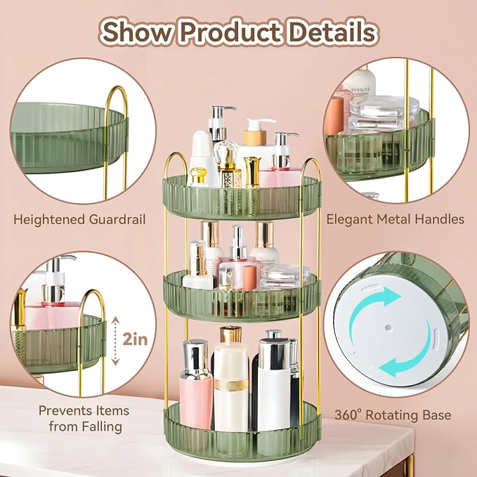 360° Rotating Makeup Organizer for Vanity, 3 Tier Perfume Organizers - Image 6