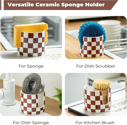 Checkered Sponge Holder for Kitchen Sink, Ceramic Dish Sponge Drying Caddy - Image 4