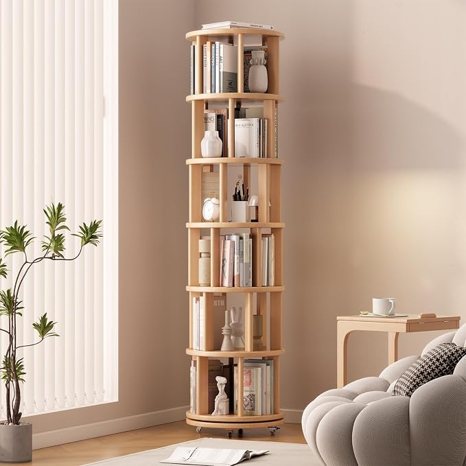 Solid Wood Rotating Bookshelf on Wheels, 6 Tier, Round Revolving Bookcase by Muwuele