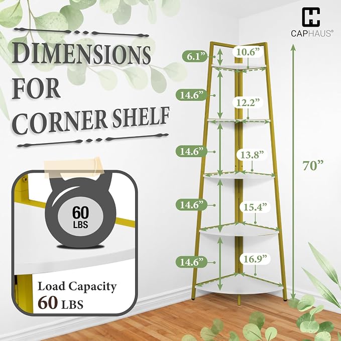 CAPHAUS 5-Tier Corner Shelf Stand, Tall Display Shelves, Ladder Corner Wood - Image 2