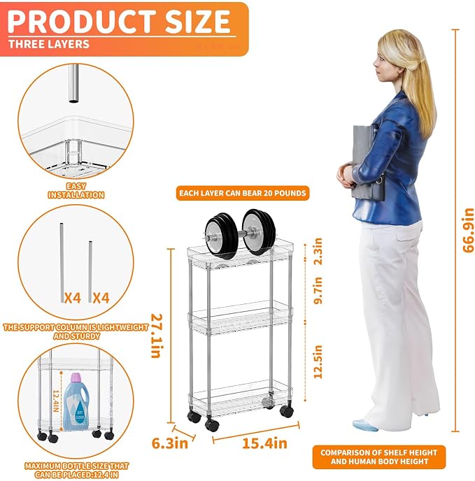 Yieach Clear 3 Tier Slim Rolling Storage Cart - Image 3