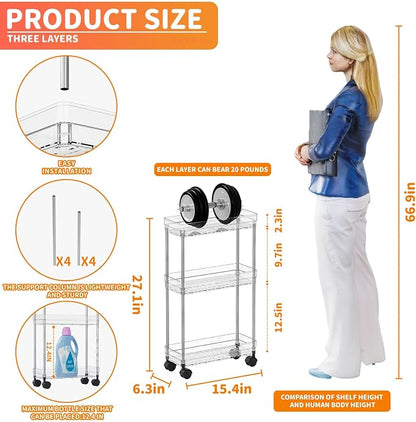 Yieach Clear 3 Tier Slim Rolling Storage Cart - Image 3
