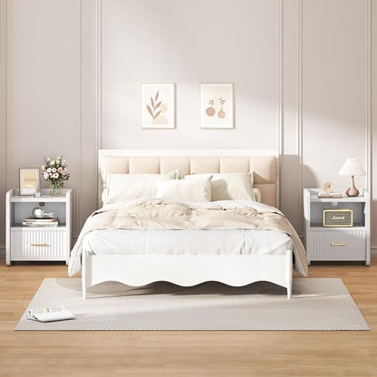 Night Stand with Charger Station, Fluted Wood Nightstand with Drawer Storage - Image 3