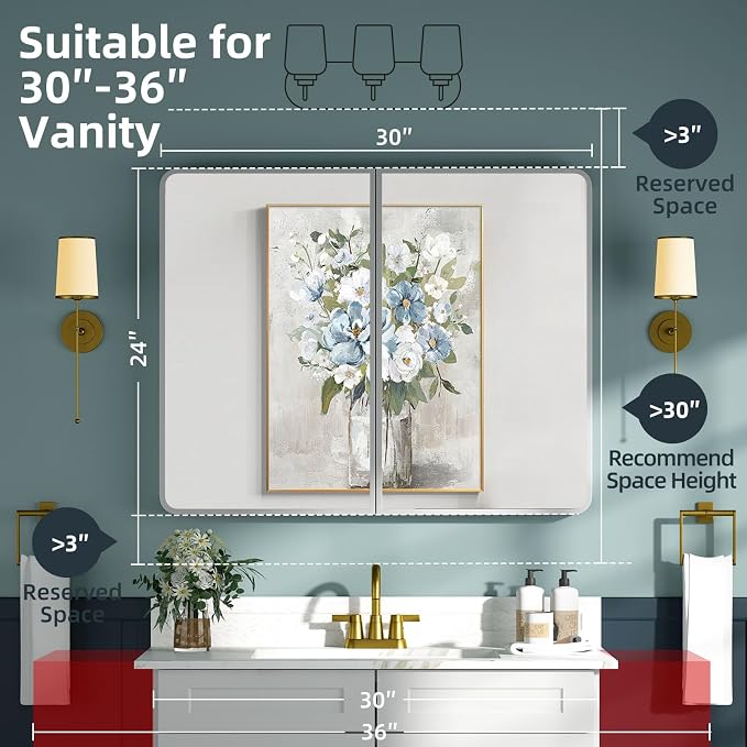 Bathroom Medicine Cabinet with Mirror 24x30Inch, Mirrored Cabinets with Sturdy - Image 2