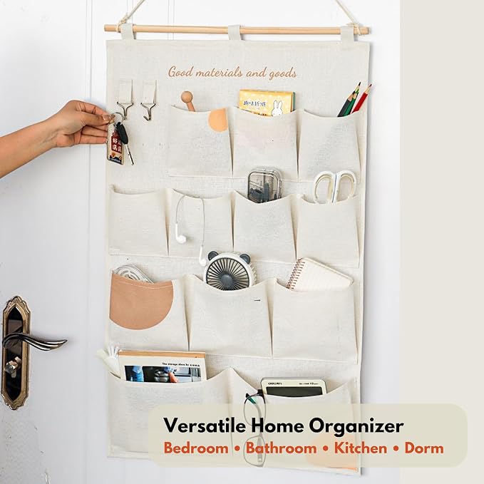 Wall Hanging Organizer with Pockets, Over Door Storage Organizer with Wooden Rod - Image 5