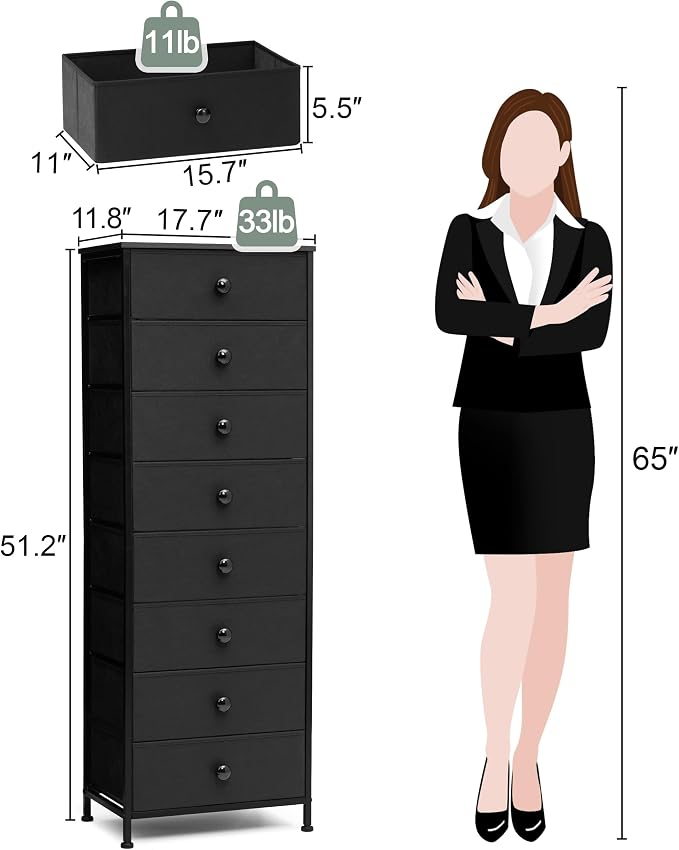 Fabric Dresser for Bedroom, 8 Drawer Tall Vertical Skinny Tower | Wooden Top - Image 3