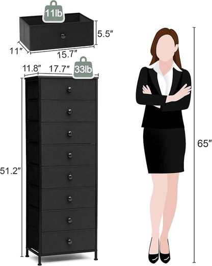 Fabric Dresser for Bedroom, 8 Drawer Tall Vertical Skinny Tower | Wooden Top - Image 3