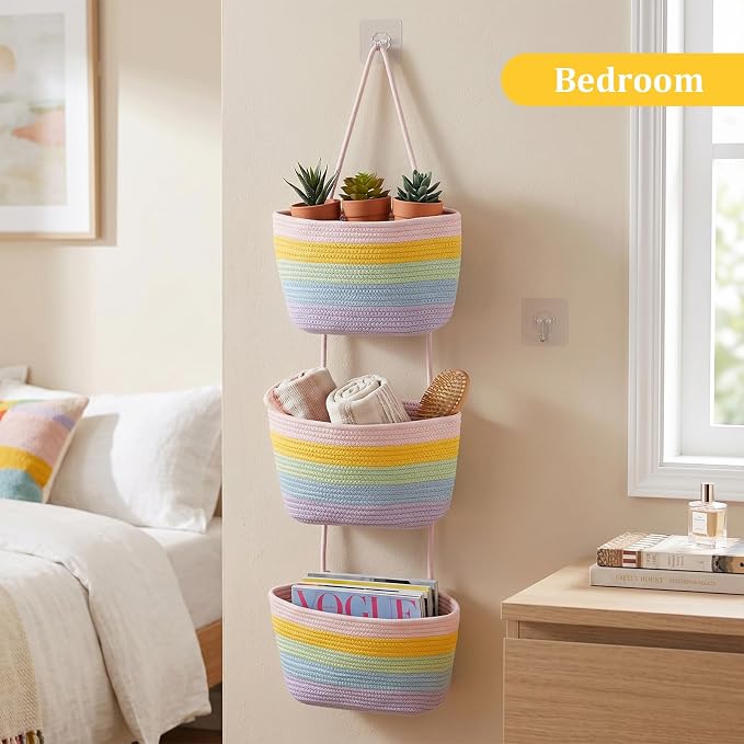 TeoKJ Over the Door Hanging Basket, 3-Tier Woven Cotton Wall-Mounted Storage - Image 6