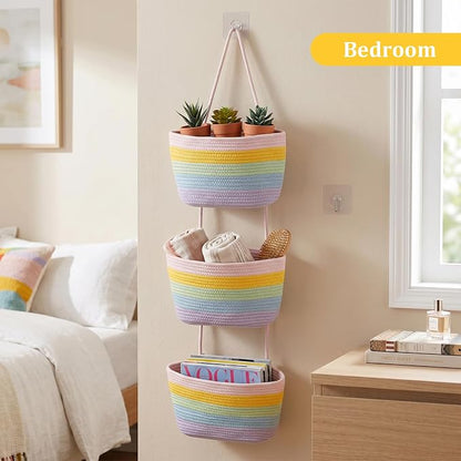 TeoKJ Over the Door Hanging Basket, 3-Tier Woven Cotton Wall-Mounted Storage - Image 6