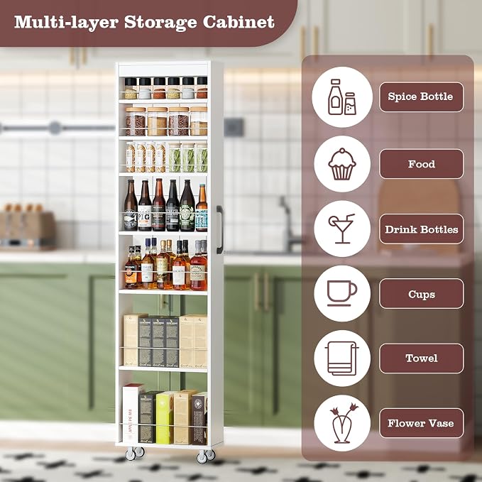 70" Tall Wooden Slim Storage Cart, 7 Tier Kitchen Rolling Cart - Image 4