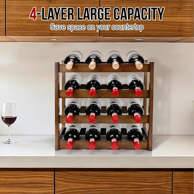 Bamboo Wine Rack, 4-Tier 16 Bottles Wine Storage Cabinet Shelf, Easy-Assembly - Image 5