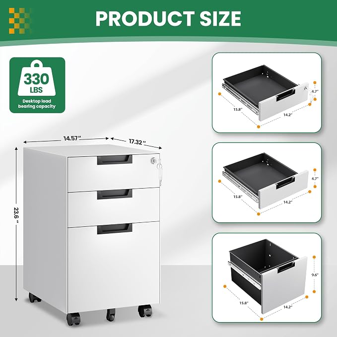Mobile File Cabinet, 3 Drawer Locking Storage Filing Cabinet, Office Metal - Image 3