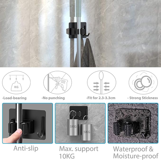 homeasy Mop Broom Holder No Drill, Mop Broom Organizer Wall Mounted Heavy Duty - Image 3