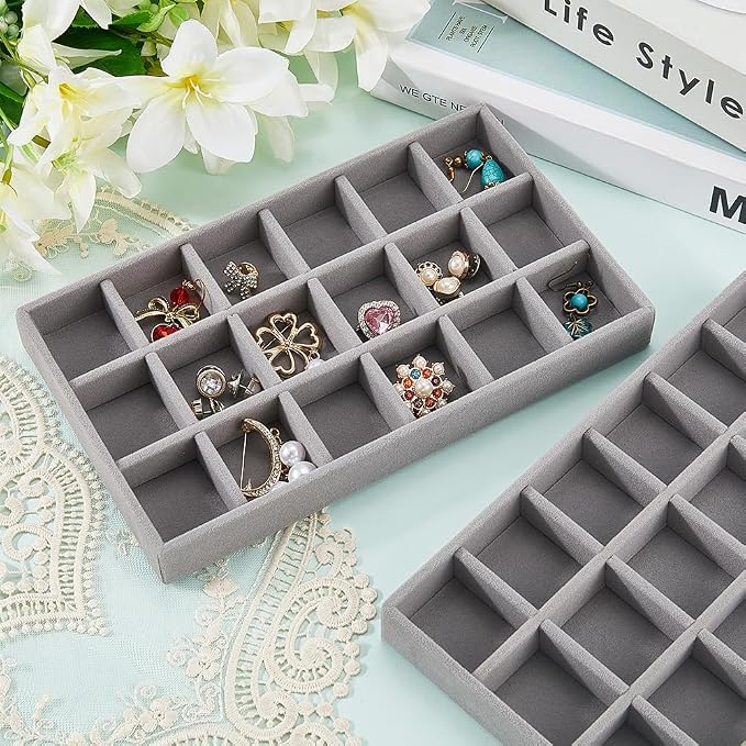 2Pcs 5 x 8.3 Inch 18 Grid Jewelry Tray Drawer Insert Velvet Earring Organizer - Image 3