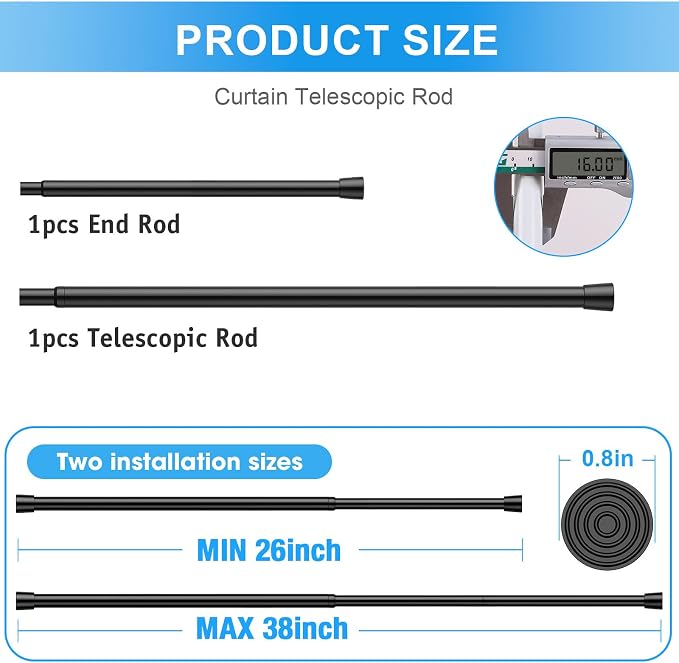 2 Pack Spring Loaded Tension Rod 27-38" Adjustable Curtain Rods No Drill - Image 2