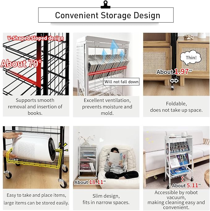 Lumizone Foldable Book Cart 6-Tier Large Capacity Bookshelf Single Sided - Image 5