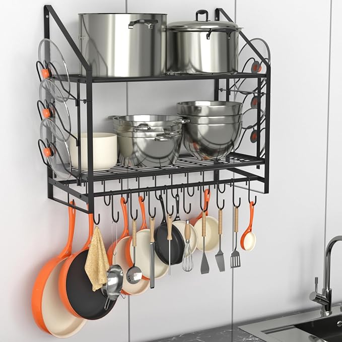 28 Inch Pot Rack Wall Mounted, 2 Tier Pots and Pans Organizer by VyGrow