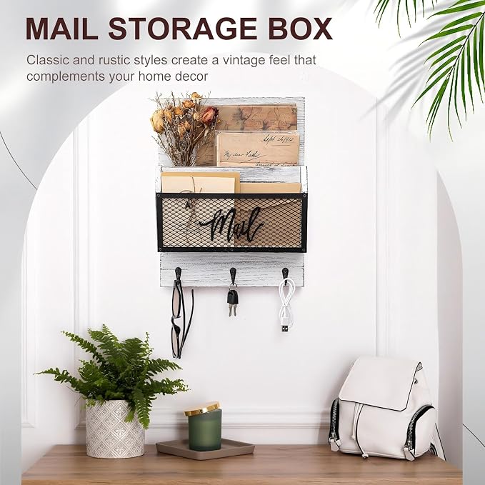 Yalikop Farmhouse Mail Organizer Wall Mounted Rustic Mail Holder Hanging Key - Image 5