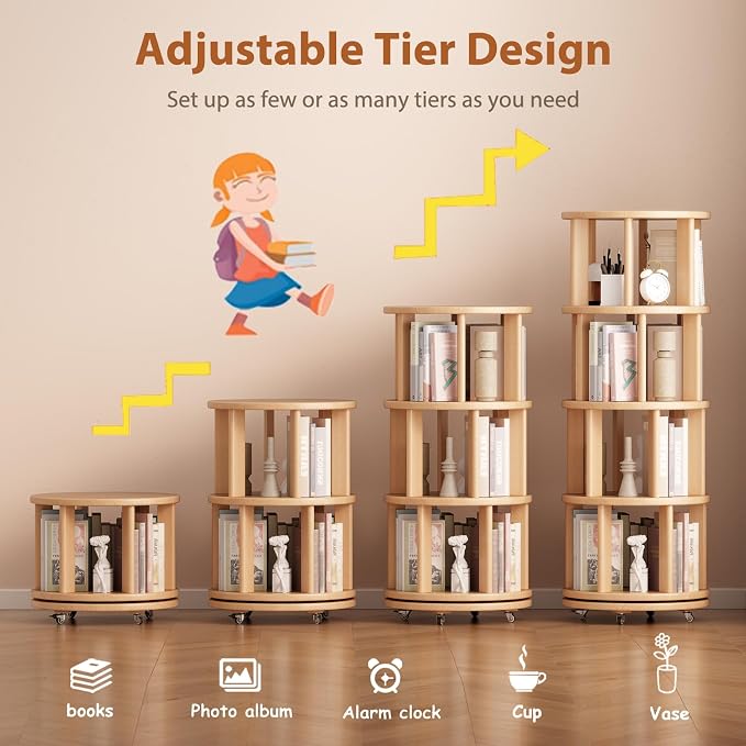 Solid Wood Rotating Bookshelf on Wheels, 4 Tier, Round Revolving Bookcase - Image 7