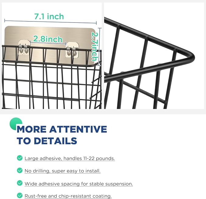 2 Pack Hanging Wall Basket Wire Storage Baskets, Adhesive Basket - Image 4