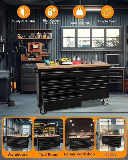 61 Inch Tool Chest, Tool Box Mobile Workbench, 9 Drawers Storage Lockable - Image 3