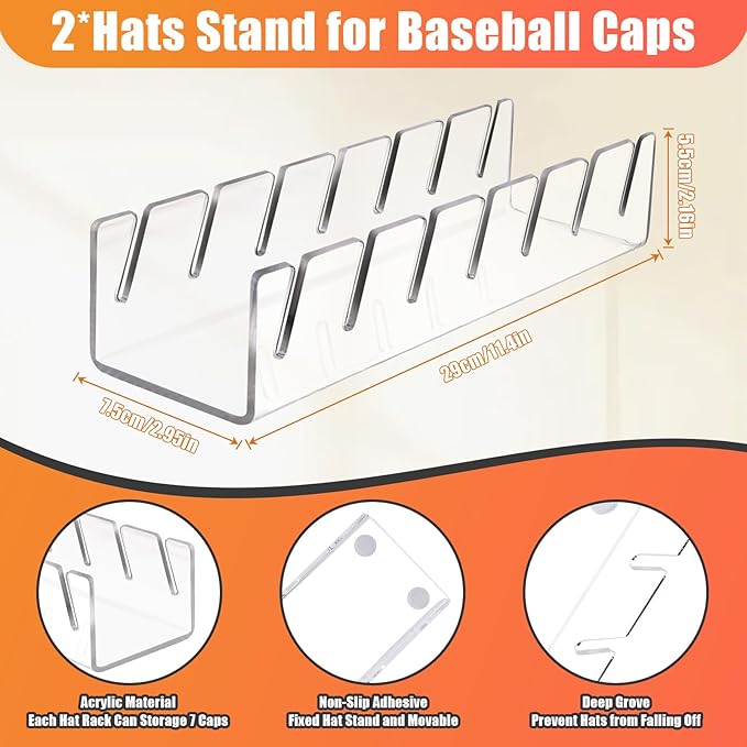 Hat Stand for Baseball Caps, 2 Pack No Install Acrylic Hat Organizer for 14 - Image 7