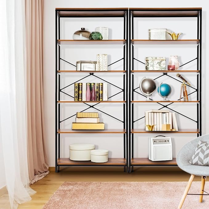 Himimi 6-Tier Bookshelf Set of 2, Tall Bookcase Industrial Wood Storage Rack - Image 9