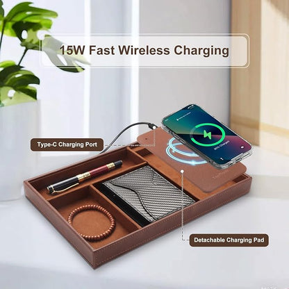 TopMade Valet Tray with Wireless Charging Pad Nightstand Organizer, Leather - Image 3