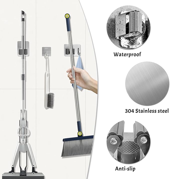 Daily Treasures 6 Pcs Stainless Steel Broom Holder Wall Mount Self Adhesive - Image 2