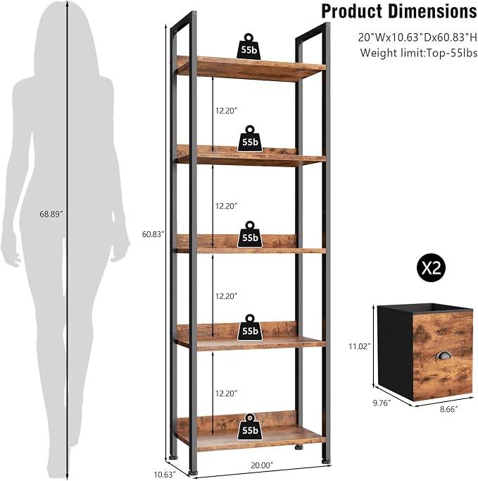 Furologee 5-Tier Bookshelf, Tall Bookcase - Image 3