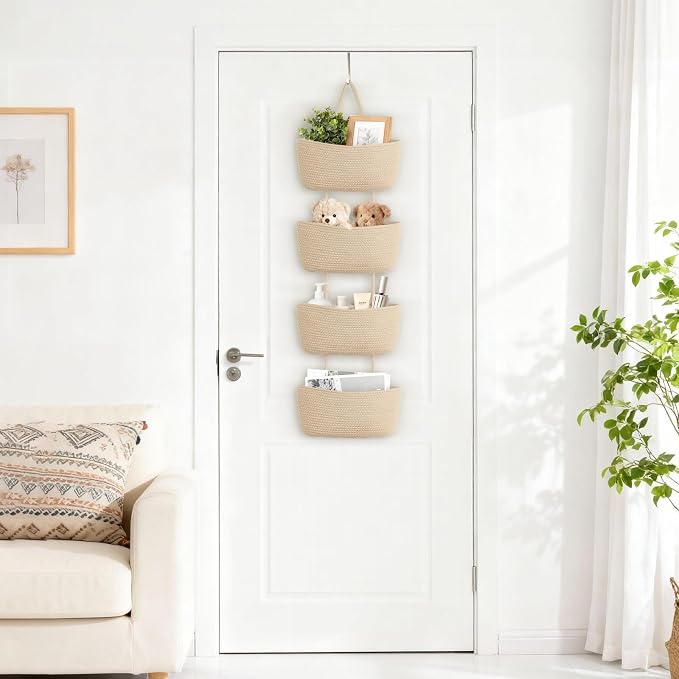 Dahey Over The Door Hanging Basket Storage 4-Tier Woven Wall Basket, Jute | - Image 3