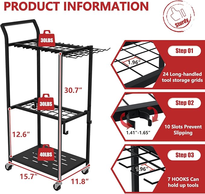Garden Tool Organizer with Wheels, Heavy Duty Rolling Yard Tool Rack with 14 - Image 2