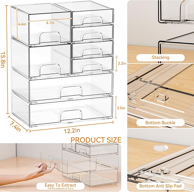 Yieach 8 Pack Clear Stackable Storage Drawers, Acrylic Drawer Organizer - Image 3