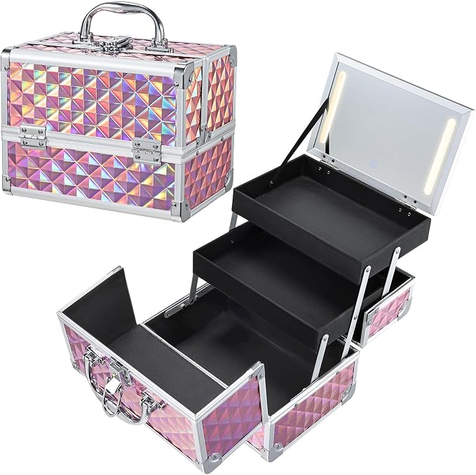 Makeup Case with Lighted Mirror Travel Makeup Organizer Box 2 Trays Lockable by Faquenc