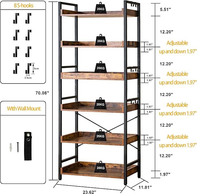 HCHQHS Adjustable 6 Tier Open Bookcase, Rustic Farmhouse Book Shelves, - Image 3
