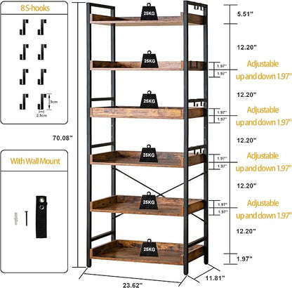 HCHQHS Adjustable 6 Tier Open Bookcase, Rustic Farmhouse Book Shelves, - Image 3