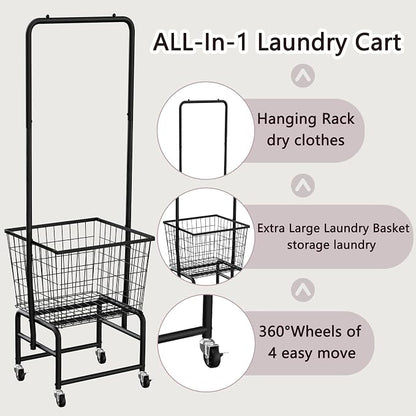 Rolling Laundry Cart with Wheels, Extra Large Laundry Hamper Basket Organizer - Image 4