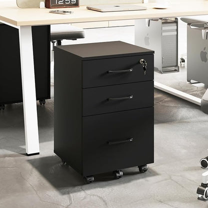 File Cabinet with Lock, 3 Drawer Wood Rolling Filing Cabinets Under Desk by ALBSL