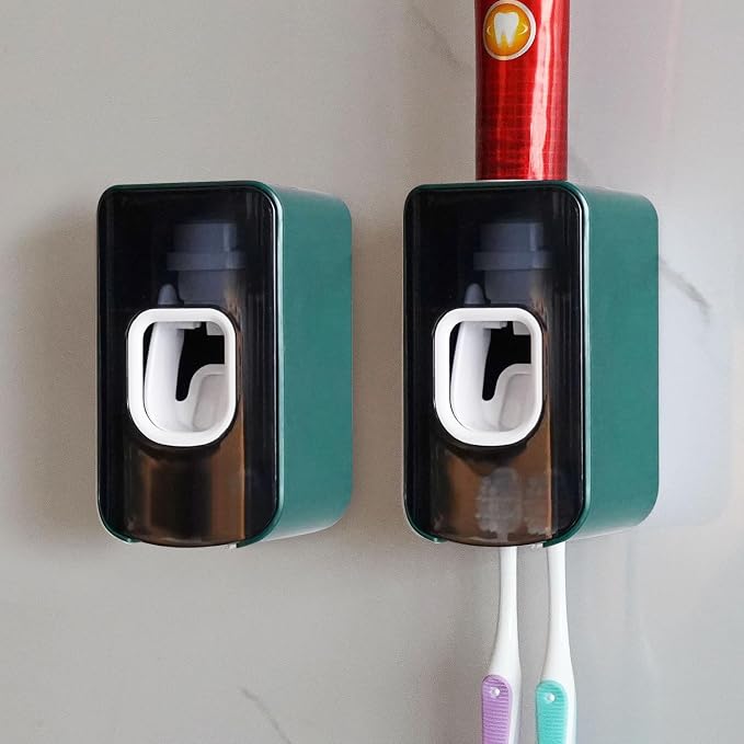 2 Slot Toothbrush Holder and Toothpaste Dispenser Wall Mounted, Automatic by LUEXBOX
