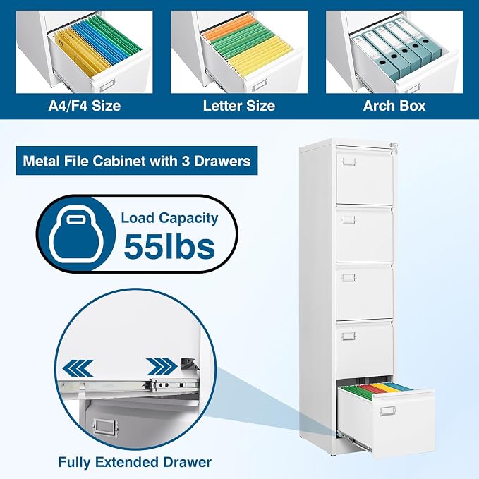5-Drawer File Cabinet, 16.3" Deep Vertical Metal Filing Cabinet - Image 4