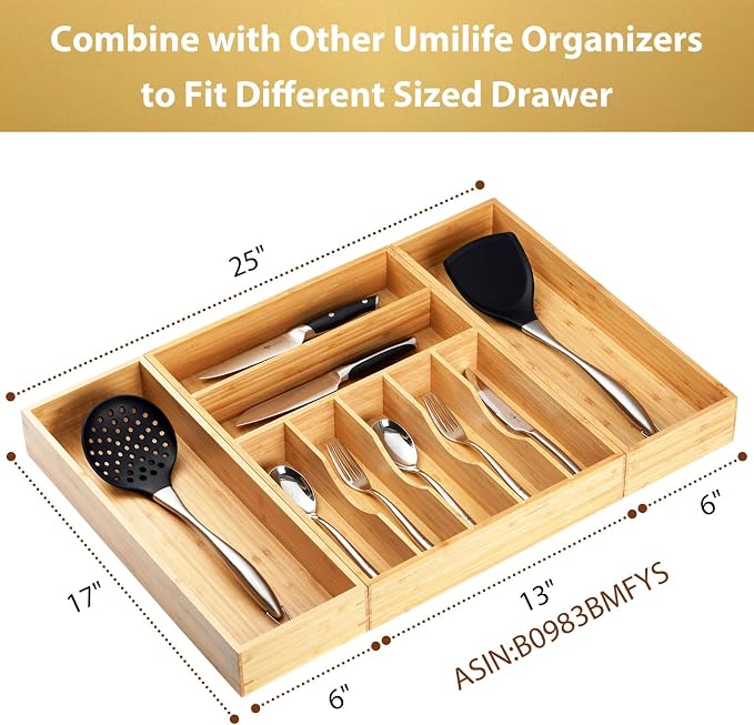 Umilife Bamboo Kitchen Utensils Organizer, Extra Long High Silverware Drawer - Image 5