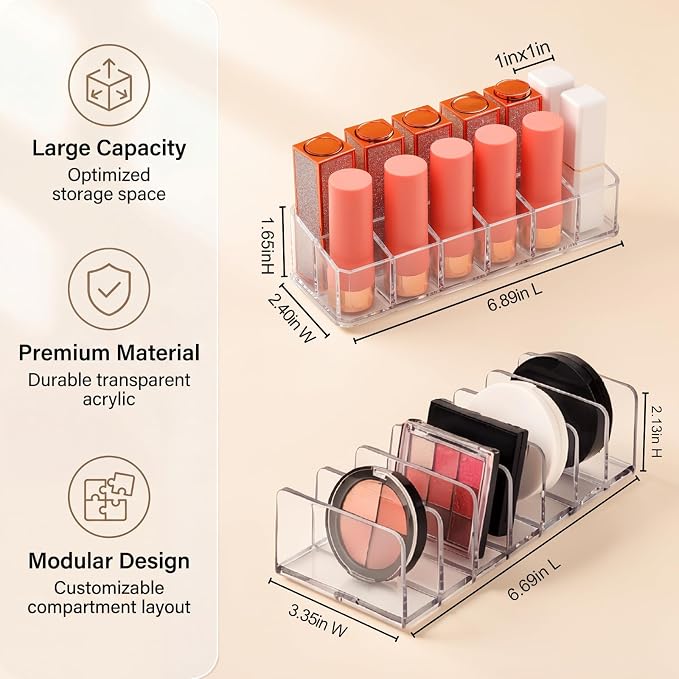 2-Pack Acrylic Makeup Organizer, 12-Slot Lipstick Holder and 7-Slot Eyeshadow - Image 2