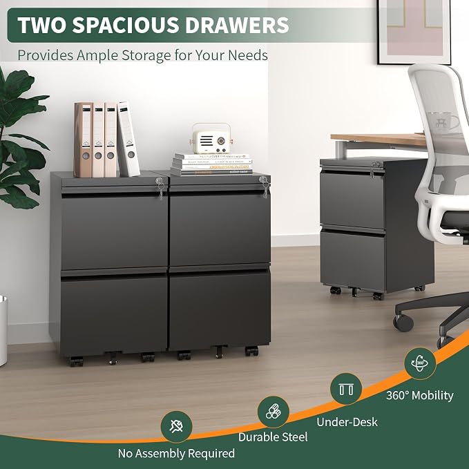 2 Drawer File Cabinet with Lock, Under Desk Rolling Small Filing Cabinet - Image 3