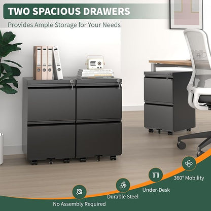 2 Drawer File Cabinet with Lock, Under Desk Rolling Small Filing Cabinet - Image 3