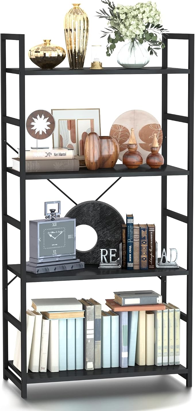 NUMENN 4 Tier Bookshelf, Tall Freestanding Open Storage Bookcase, Support Bars by NUMENN