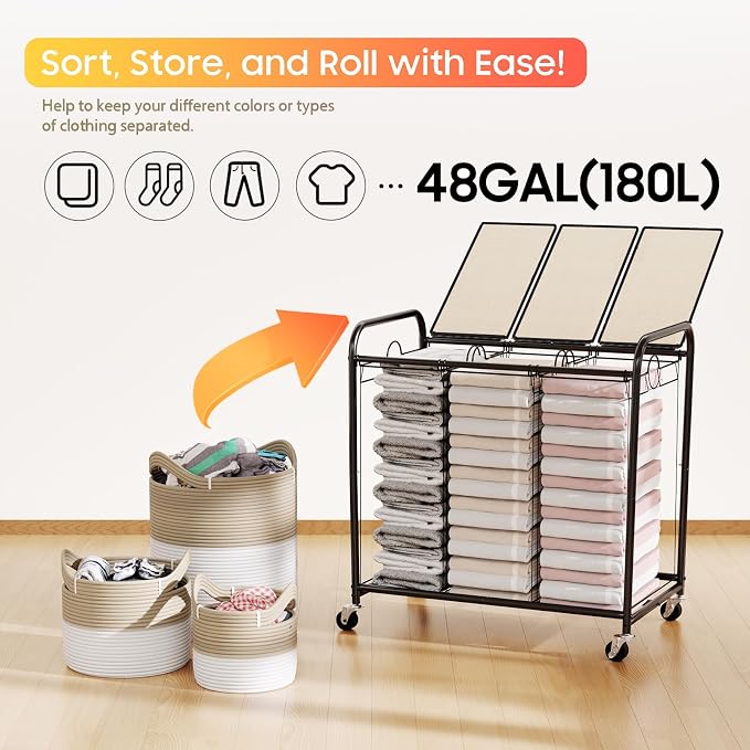 180L Laundry Sorter 3 Section, Rolling Laundry Basket - Image 6