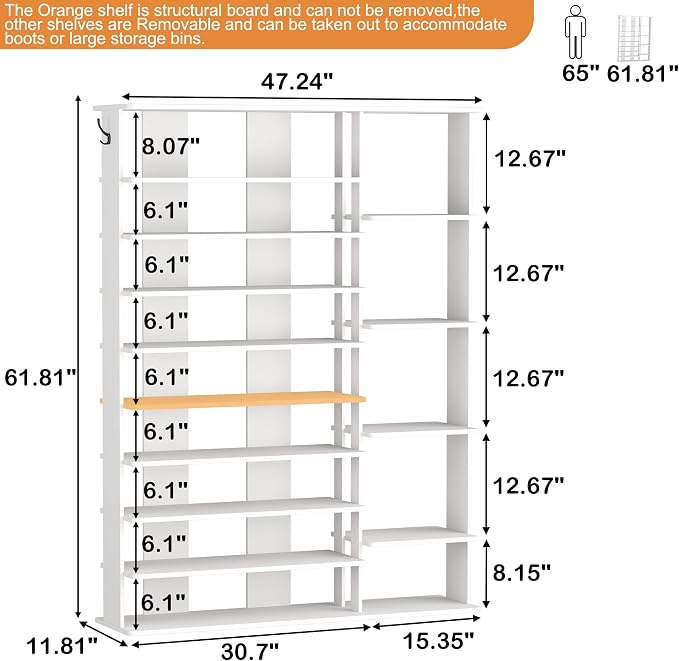 HOMEFORT 10 Tiers Shoe Rack, 50 Pairs Large Shoe Shelf, 61.8" Tall Shoe Tower - Image 3