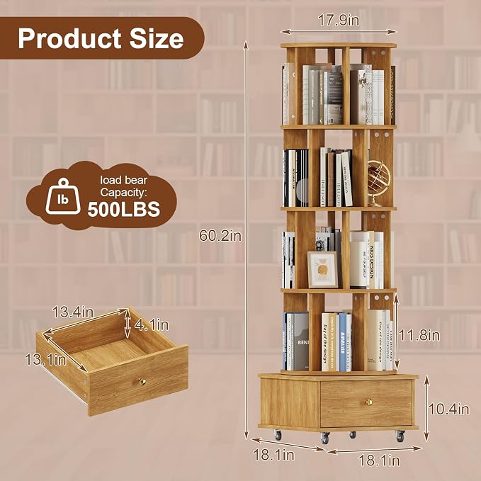 4-Tier Rotating Bookshelf with Drawers on Wheels, 360° Spinning Corner Bookcase - Image 2