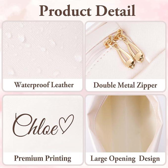 Personalized Makeup Bag with Name & Birth Flower, Custom Leather Cosmetic Bags - Image 5