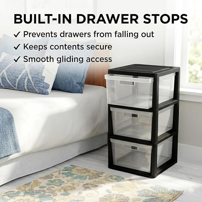 3 Drawer Plastic Storage Tower Organizer, Wide Black Cart - Image 3